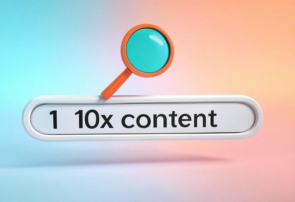 A search bar and a magnifying glass with a vivid gradient background exploring the topic of 10x content: The secret strategy to crush your competition online. Learn how to create content so valuable and remarkable that your audience can't help but share it.