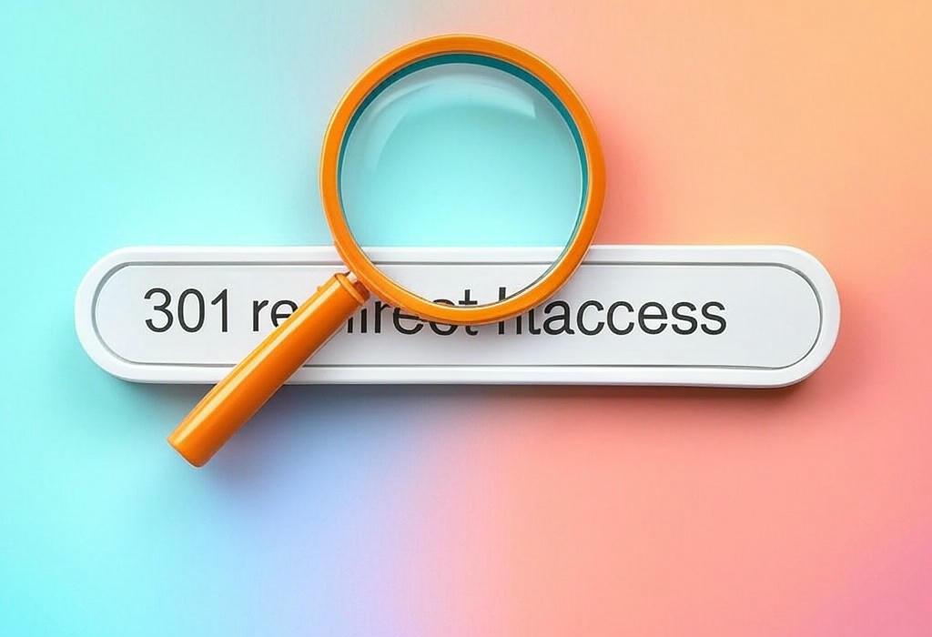 A search bar and a magnifying glass with a vivid gradient background exploring the topic of 301 redirect htaccess: Learn the secret technique that web pros use to seamlessly transfer your site's SEO juice. Confused by redirects? Our simple guide makes it easy to fix broken links forever!