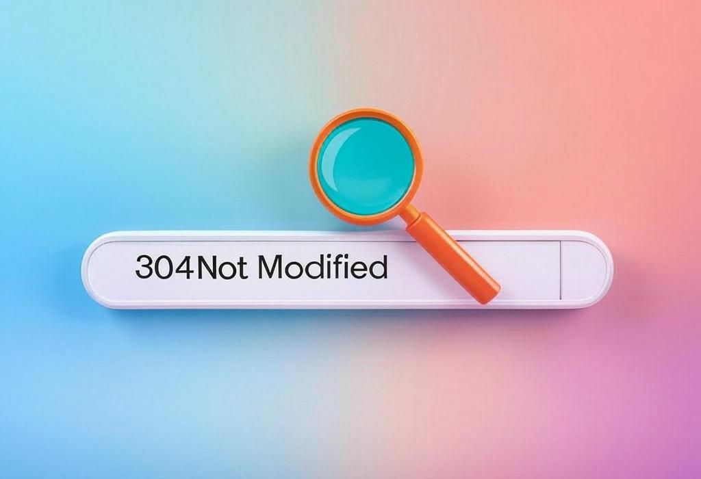 A search bar and a magnifying glass with a vivid gradient background exploring the topic of 304 Not Modified: Discover why this HTTP status code is secretly saving your website's loading speed and bandwidth. Learn how it boosts user experience without anyone noticing!