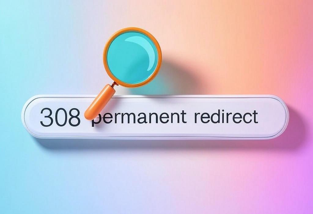 A search bar and a magnifying glass with a vivid gradient background exploring the topic of 308 permanent redirect: Discover why savvy webmasters use this status code to boost SEO. Learn implementation tips that search engines love and the subtle differences from 301 redirects. Click now!