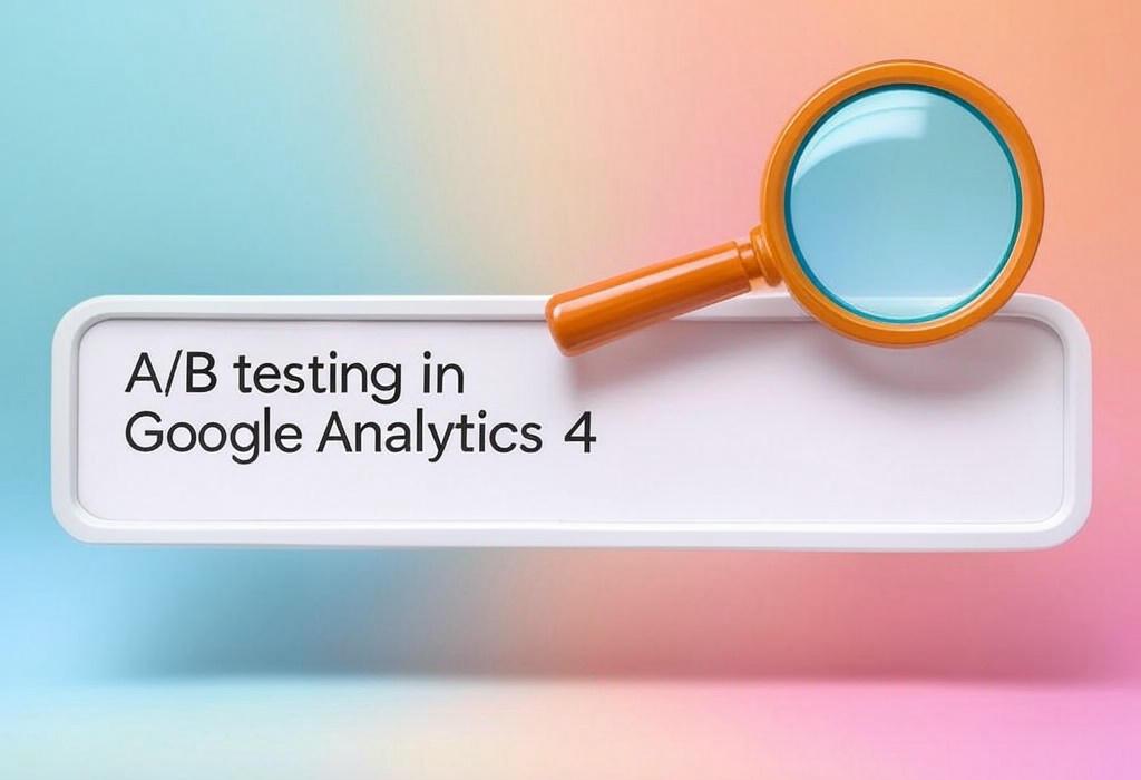 A search bar and a magnifying glass with a vivid gradient background exploring the topic of A/B testing in Google Analytics 4 made simple! Learn how to boost conversions with data-driven experiments. Unlock hidden insights and optimize your website like a pro. Start testing today!
