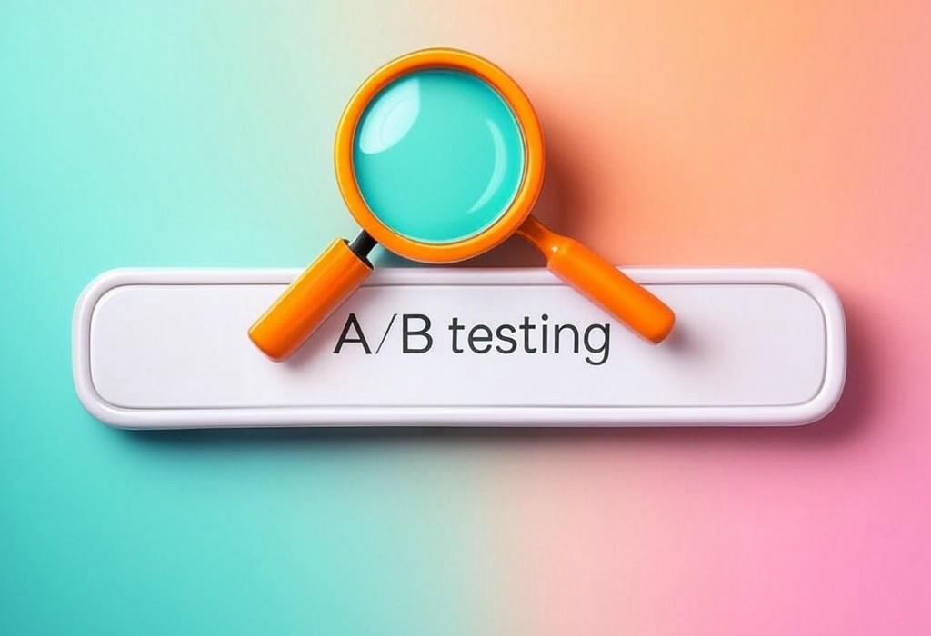 A search bar and a magnifying glass with a vivid gradient background exploring the topic of A/B testing: Unlock conversion secrets and skyrocket your results with proven experiments! Discover how small changes can drive huge gains in your website performance without guessing.