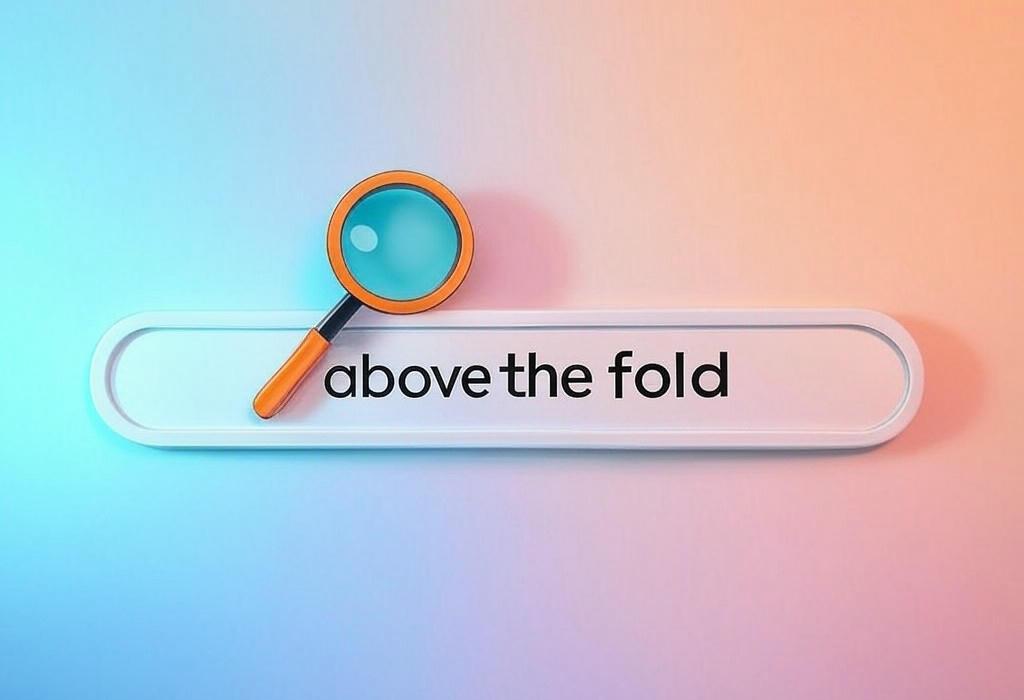 A search bar and a magnifying glass with a vivid gradient background exploring the topic of Above the fold content grabs attention instantly! Discover why this prime website real estate matters, proven strategies to optimize it, and how to boost engagement before users ever scroll.