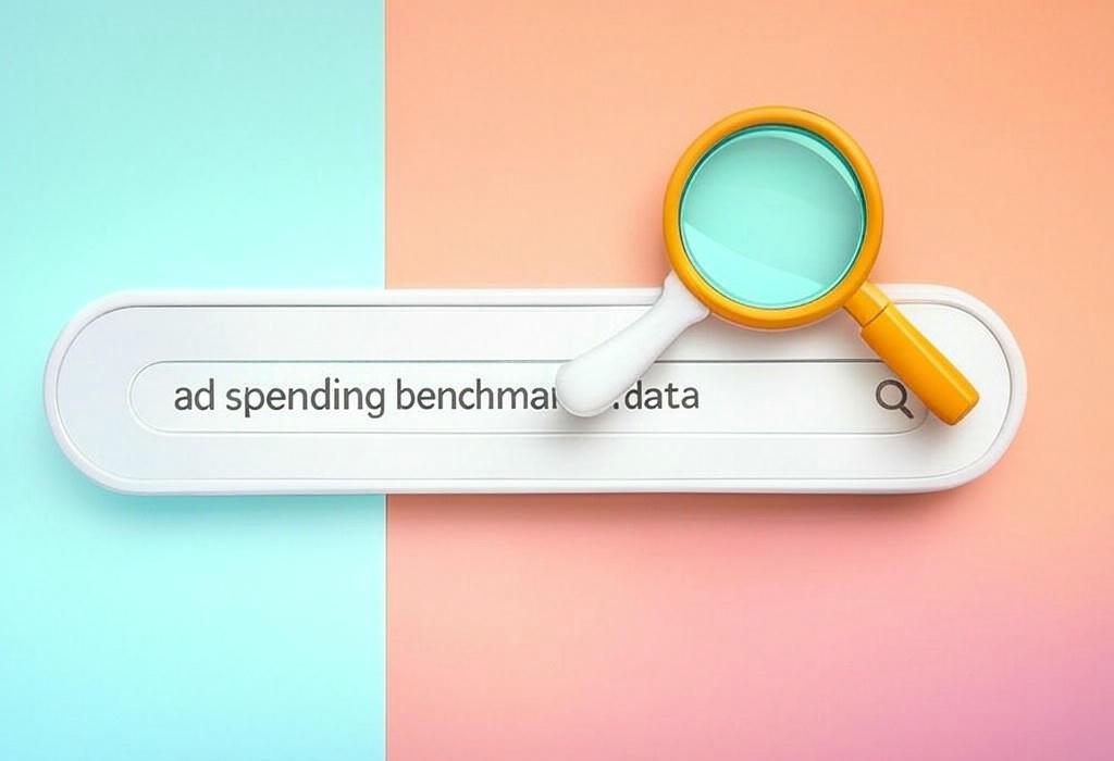 A search bar and a magnifying glass with a vivid gradient background exploring the topic of Discover ad spending benchmark data that reveals what your competitors don't want you to see. Compare your marketing budget and finally know if you're spending enough to win.