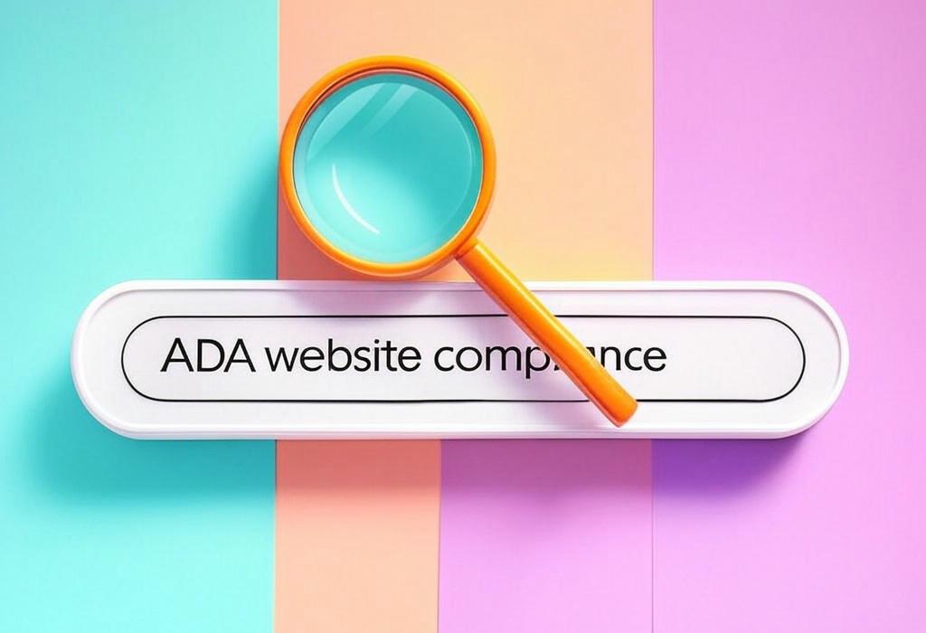 A search bar and a magnifying glass with a vivid gradient background exploring the topic of ADA website compliance isn't just legal jargon, it's your ticket to reaching more customers! Avoid costly lawsuits while making your site accessible to everyone. Don't get left behind.