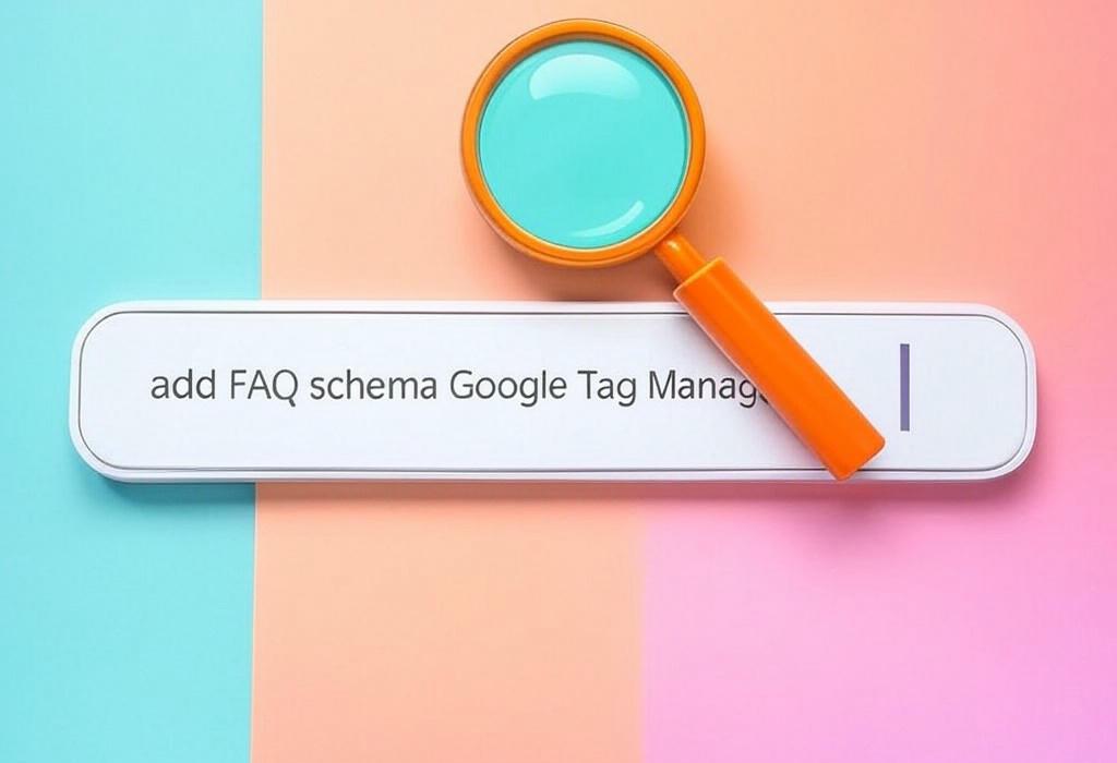A search bar and a magnifying glass with a vivid gradient background exploring the topic of Add FAQ schema with Google Tag Manager easily! Boost your site's visibility and CTR with our step-by-step guide. No coding skills required. Start getting those rich snippets today.