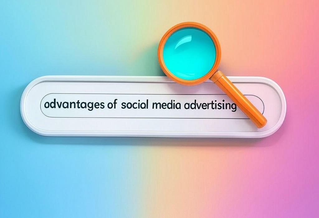 A search bar and a magnifying glass with a vivid gradient background exploring the topic of Advantages of social media advertising unlock growth that traditional methods can't match. Discover why businesses are shifting budgets and how you can outperform competitors with targeted campaigns.
