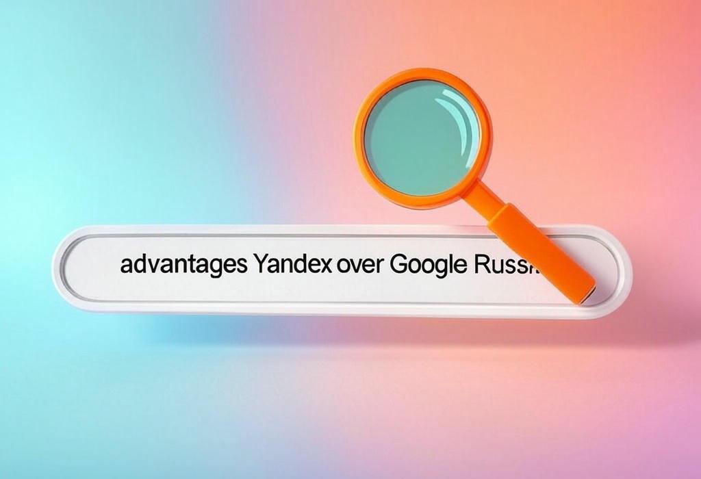 A search bar and a magnifying glass with a vivid gradient background exploring the topic of Advantages Yandex over Google Russia: Discover why local users prefer Russia's homegrown search engine. Better local results, native language support, and unique features you're missing out on!
