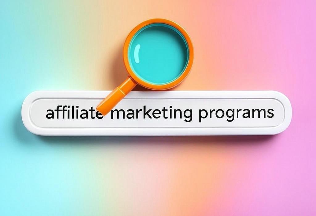A search bar and a magnifying glass with a vivid gradient background exploring the topic of Affiliate marketing programs that pay big! Discover top opportunities to earn passive income online and turn your website into a money-making machine. Start your journey now.