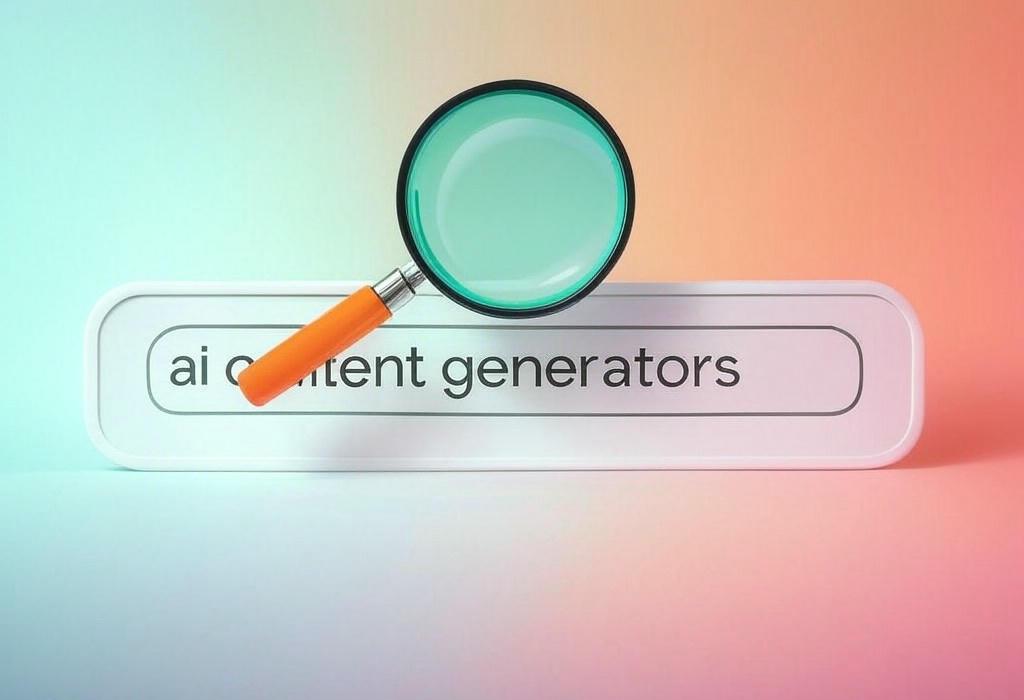 A search bar and a magnifying glass with a vivid gradient background exploring the topic of AI content generators transform your ideas into engaging copy in seconds. Discover top tools that boost productivity and creativity without breaking the bank.