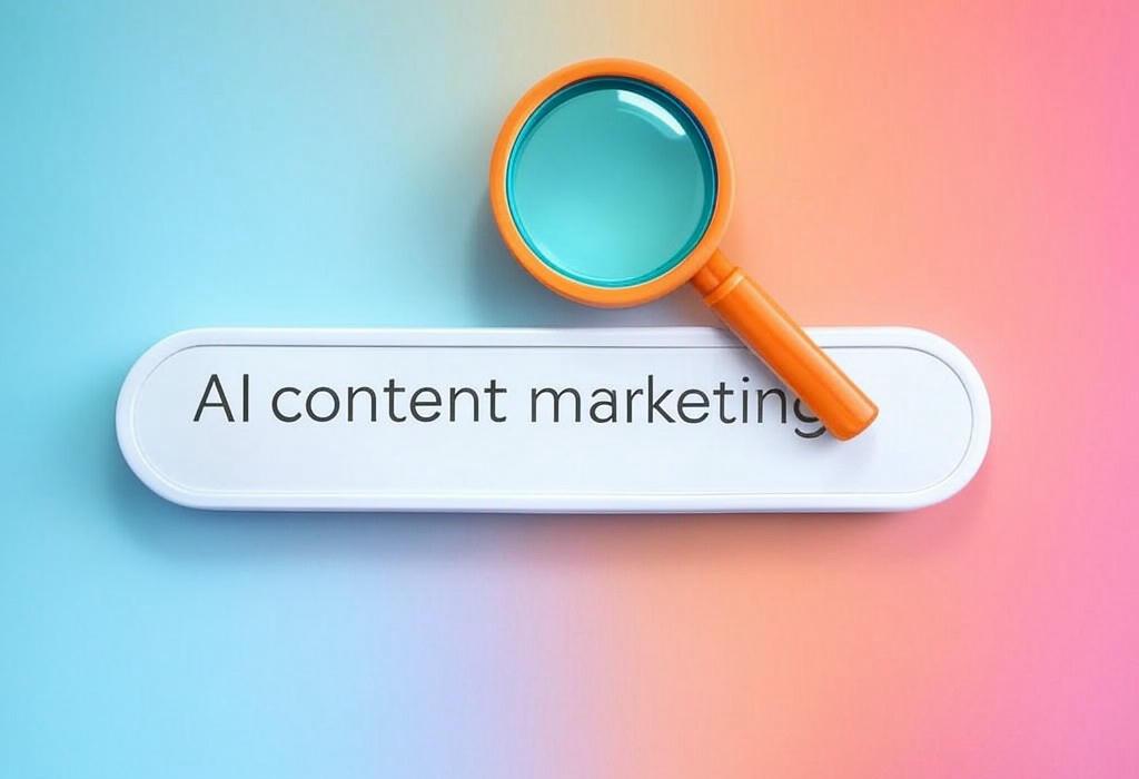 A search bar and a magnifying glass with a vivid gradient background exploring the topic of AI content marketing revolutionizes your strategy with half the work and double the results. Discover how to leverage AI tools while keeping your brand voice authentic and engaging.
