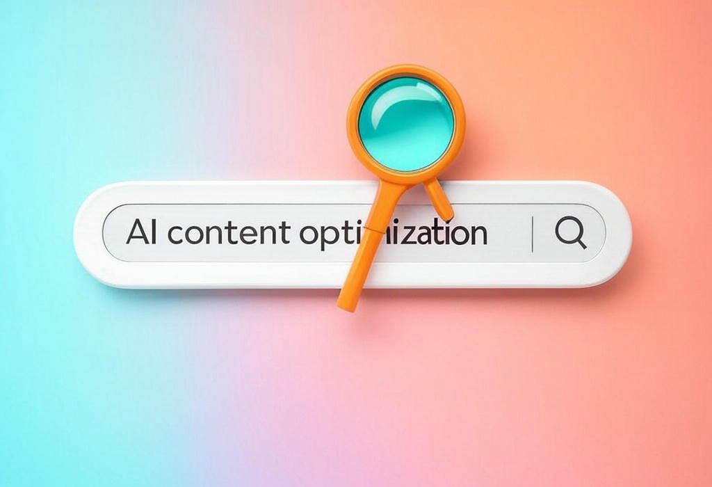 A search bar and a magnifying glass with a vivid gradient background exploring the topic of AI content optimization secrets revealed! Discover how to transform your mediocre articles into ranking machines with smart tools and techniques that even the pros don't want you to know about.