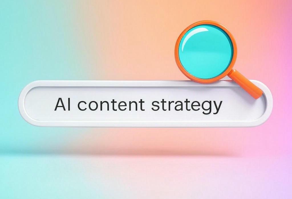 A search bar and a magnifying glass with a vivid gradient background exploring the topic of AI content strategy: Transform your digital presence with smart automation that boosts traffic, saves time, and crushes competitors. Discover how to leverage AI while keeping your brand voice.