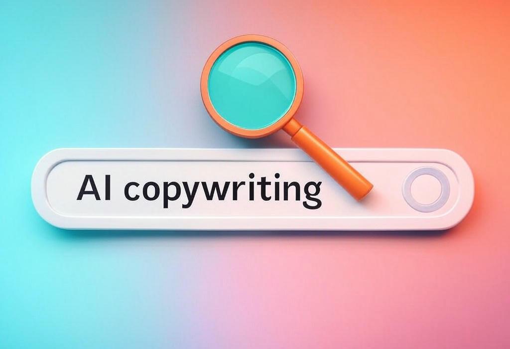 A search bar and a magnifying glass with a vivid gradient background exploring the topic of AI copywriting makes content creation a breeze. Discover how to craft engaging, SEO-friendly text in minutes without sacrificing quality. Boost your marketing game today!