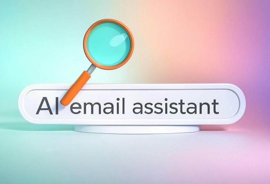 A search bar and a magnifying glass with a vivid gradient background exploring the topic of AI email assistants transform your inbox from chaos to zen. Save hours, respond faster, and craft perfect emails with smart tech that handles the heavy lifting for you.