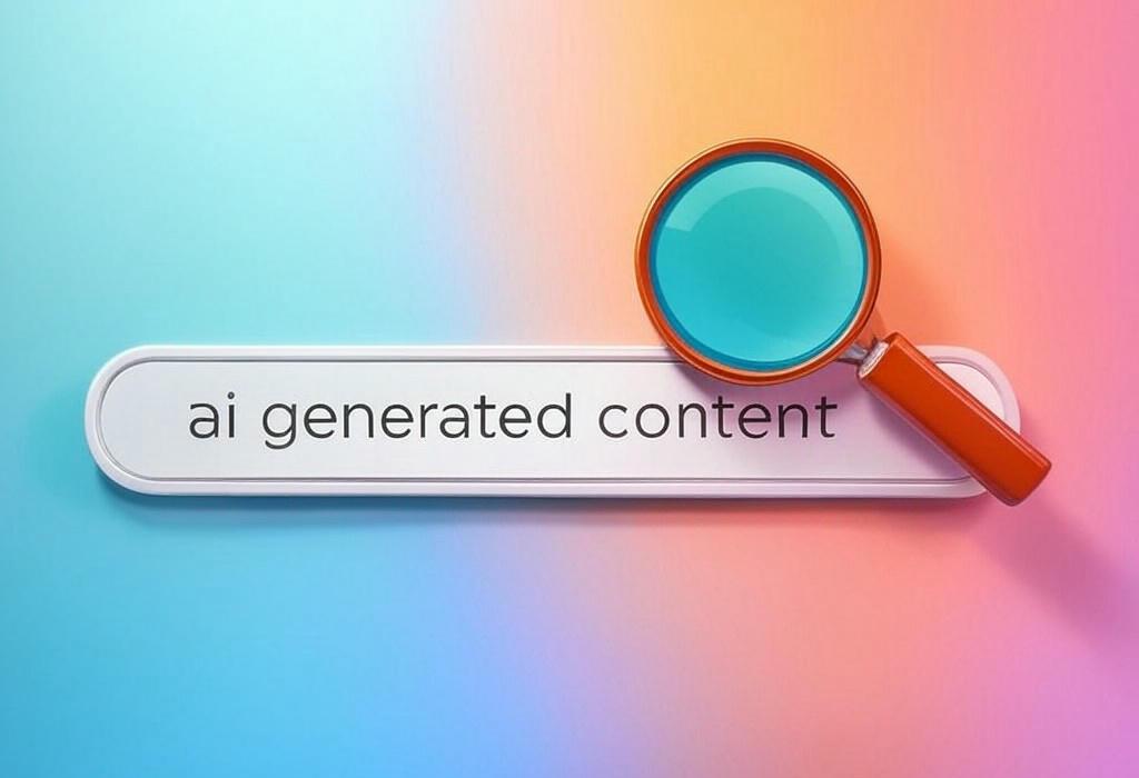 A search bar and a magnifying glass with a vivid gradient background exploring the topic of AI generated content is transforming how we create online material. Learn essential tips to make it authentic, avoid detection, and boost your SEO strategy without sacrificing quality.