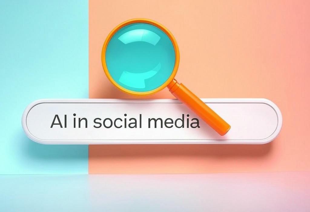 A search bar and a magnifying glass with a vivid gradient background exploring the topic of AI in social media transforms how brands connect. Discover game-changing tools that boost engagement, save time, and help you outsmart competitors. Ready to revolutionize your strategy?
