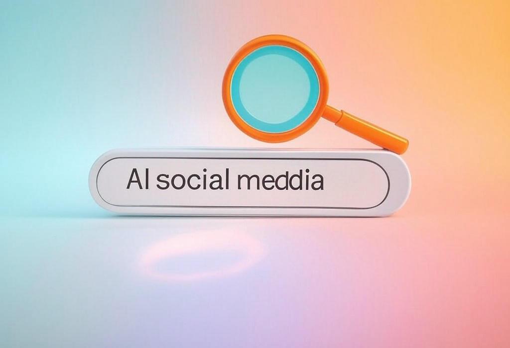 A search bar and a magnifying glass with a vivid gradient background exploring the topic of AI social media tools revolutionize your strategy! Discover how smart automation can save hours, boost engagement, and transform your content while you focus on what truly matters.