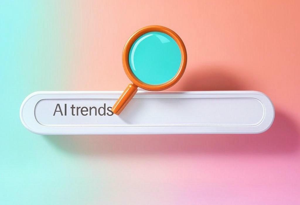 A search bar and a magnifying glass with a vivid gradient background exploring the topic of AI trends are reshaping our world at lightning speed! Discover the game-changing innovations that are transforming businesses and how you can stay ahead of the curve before it's too late.