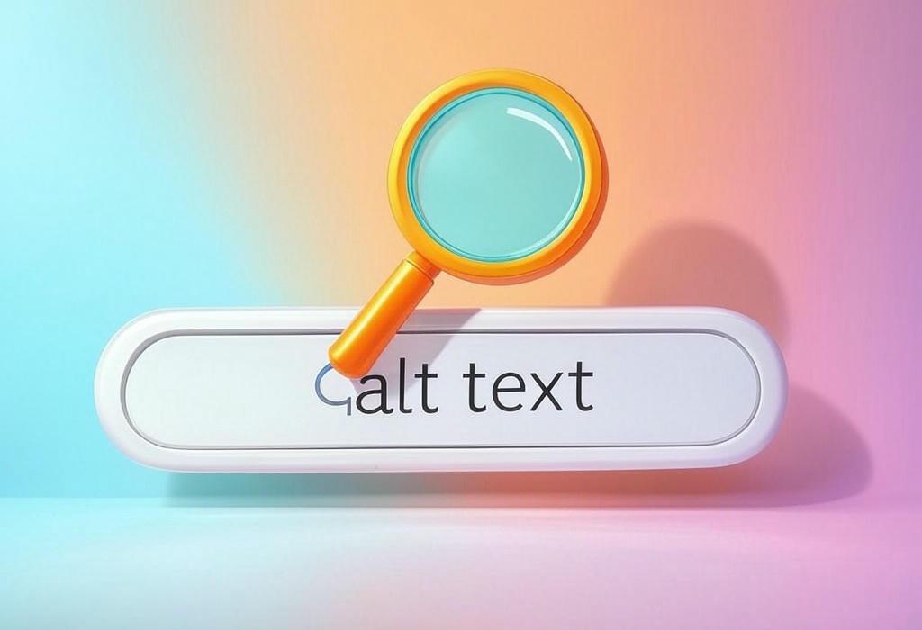 A search bar and a magnifying glass with a vivid gradient background exploring the topic of Alt text: the secret weapon for better accessibility, SEO, and user experience. Discover how to write descriptions that boost rankings and help visually impaired users understand your images.