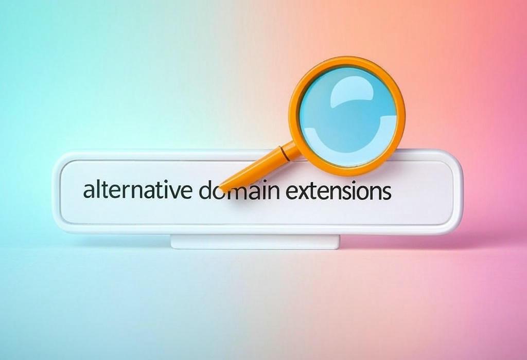 A search bar and a magnifying glass with a vivid gradient background exploring the topic of Alternative domain extensions: are they hurting your credibility? Discover what users really think and how these non-traditional options could be secretly undermining your website's trust factor!