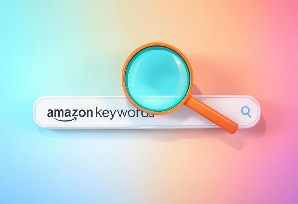 A search bar and a magnifying glass with a vivid gradient background exploring the topic of Amazon keywords unlock your product's visibility potential. Learn how to research, select, and optimize your listings for higher rankings and more sales. Start driving traffic today!