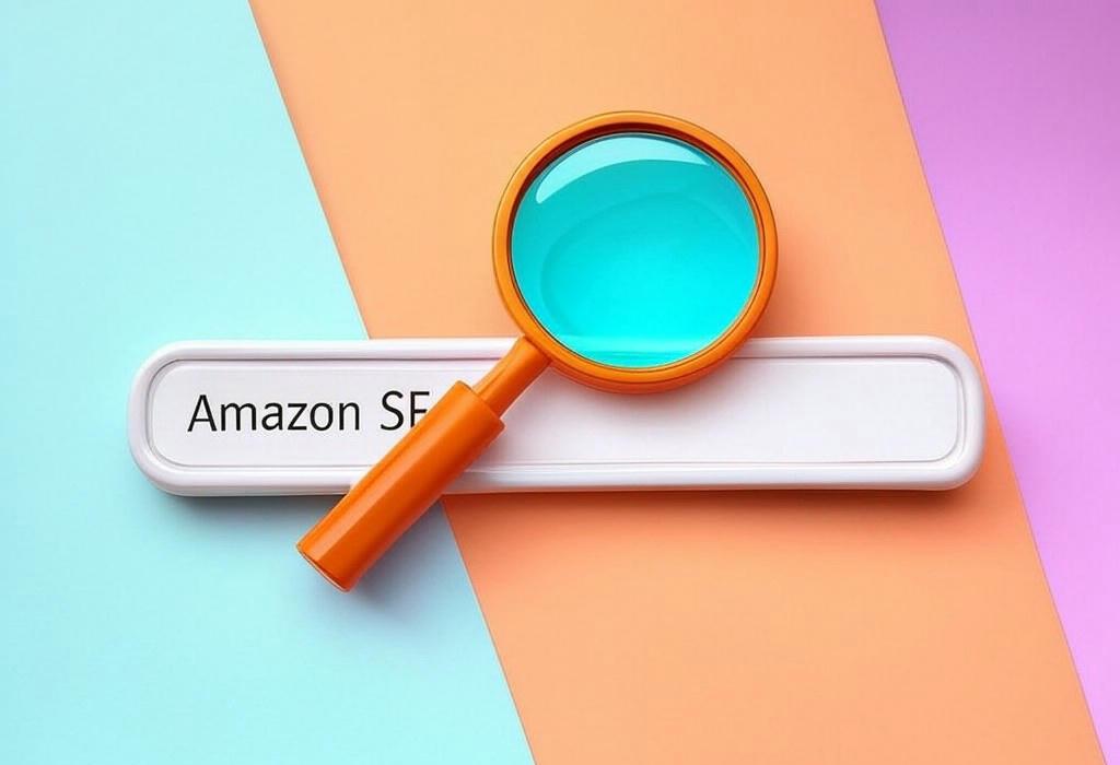 A search bar and a magnifying glass with a vivid gradient background exploring the topic of Amazon SEO unlocks hidden product visibility secrets! Discover how to optimize your listings, dominate rankings, and skyrocket sales on the world's largest marketplace. Click for game-changing strategies!