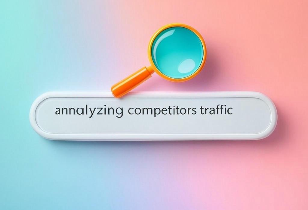 A search bar and a magnifying glass with a vivid gradient background exploring the topic of Analyzing competitors' traffic reveals their secrets! Discover untapped strategies to outrank rivals, boost your visibility, and steal market share with our expert spy techniques.