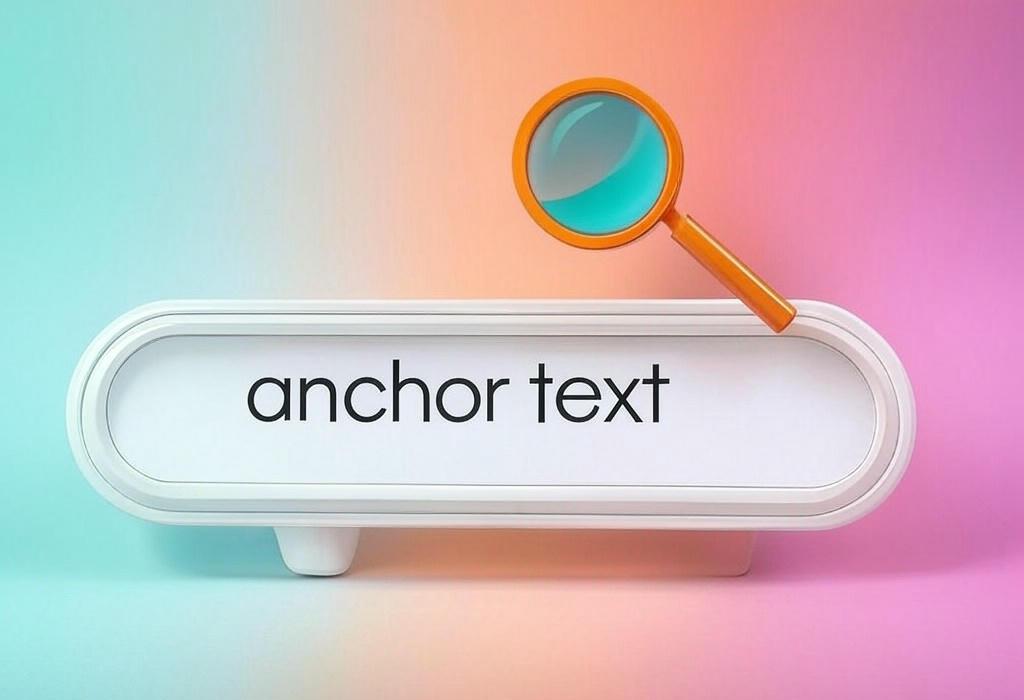 A search bar and a magnifying glass with a vivid gradient background exploring the topic of Anchor text: the super-secret weapon of high-ranking websites! Discover how these clickable words boost SEO and make search engines fall in love with your content. Get the insider tricks now!