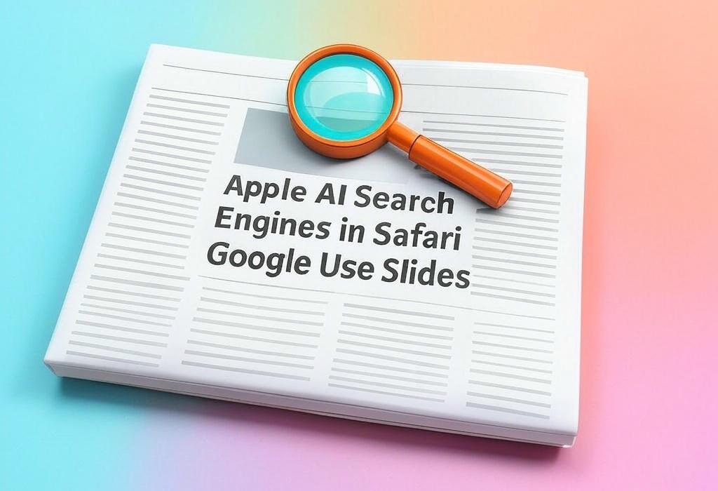 A newspaper and a magnifying glass with a vivid gradient background exploring the topic of AI search engines in Safari? Google's use is dropping & Apple might switch! See the shocking impact on your iPhone searches.