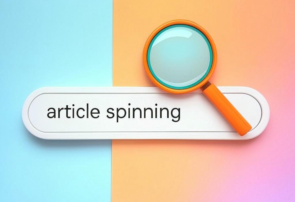 A search bar and a magnifying glass with a vivid gradient background exploring the topic of Article spinning: the shady SEO trick that fools Google and tanks rankings. Discover why this content shortcut is a dangerous gamble and learn safer alternatives for your website.