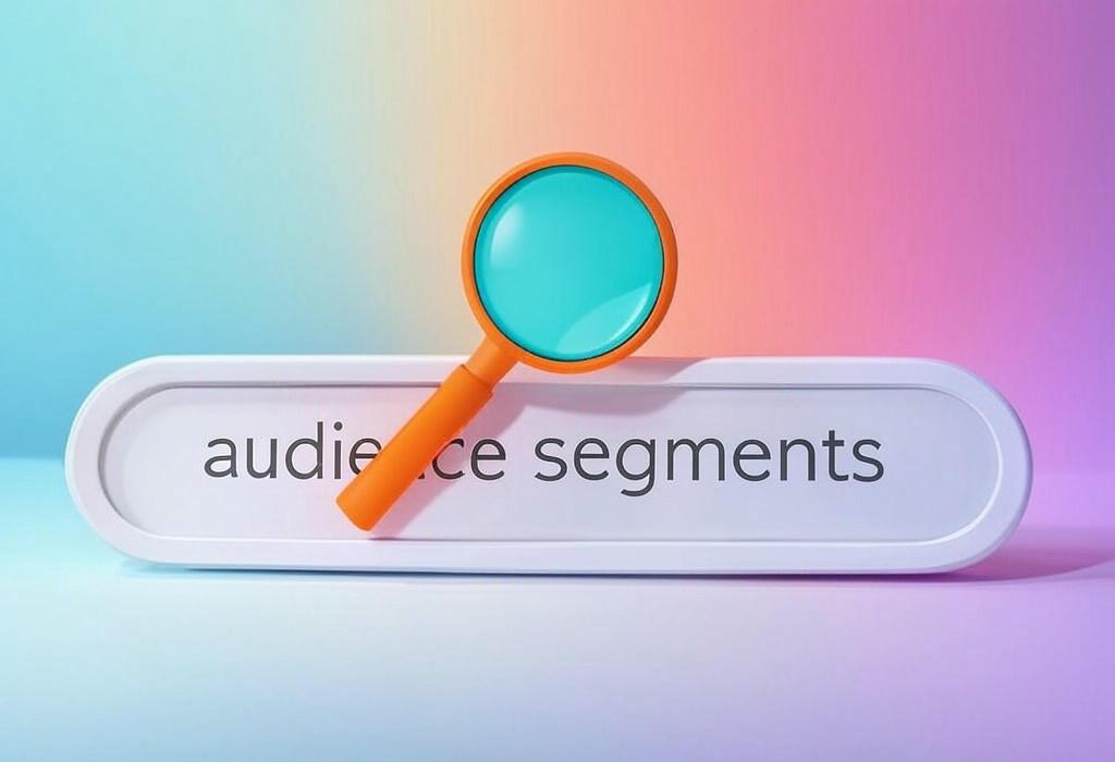 A search bar and a magnifying glass with a vivid gradient background exploring the topic of Audience segments unlock your marketing superpowers! Discover how targeting specific groups can skyrocket conversions and stop wasting budget on the wrong people. Transform your strategy today.
