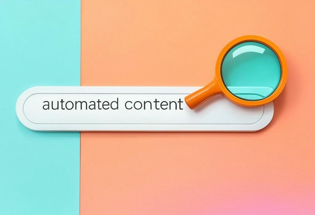 A search bar and a magnifying glass with a vivid gradient background exploring the topic of Automated content revolutionizes how you create digital material without sacrificing quality. Discover smart tools that save time while keeping your unique voice intact. Work smarter, not harder!