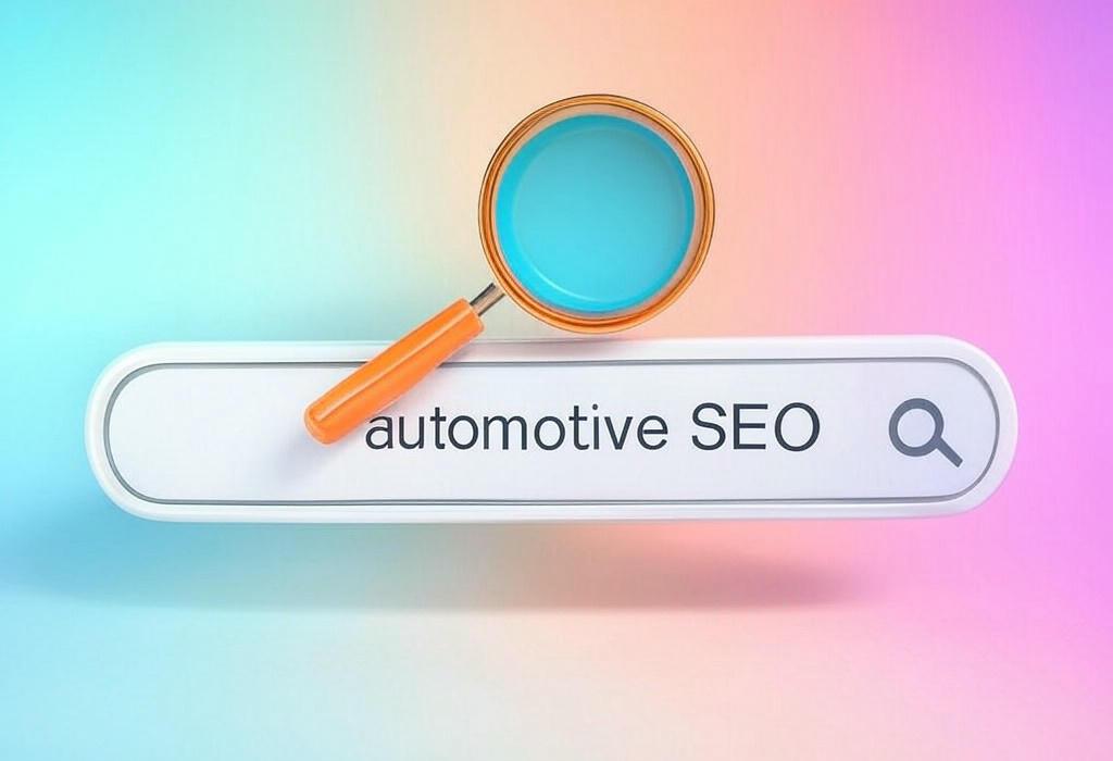 A search bar and a magnifying glass with a vivid gradient background exploring the topic of Automotive SEO secrets that drive traffic and boost sales. Discover how top dealerships outrank competitors and convert browsers into buyers. Get your website in the fast lane now!