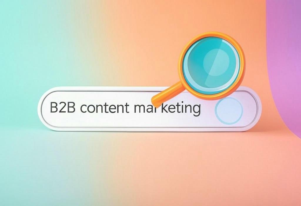 A search bar and a magnifying glass with a vivid gradient background exploring the topic of B2B content marketing strategies that transform leads into loyal customers. Discover insider secrets for creating powerful content that connects with decision makers and drives real business growth.