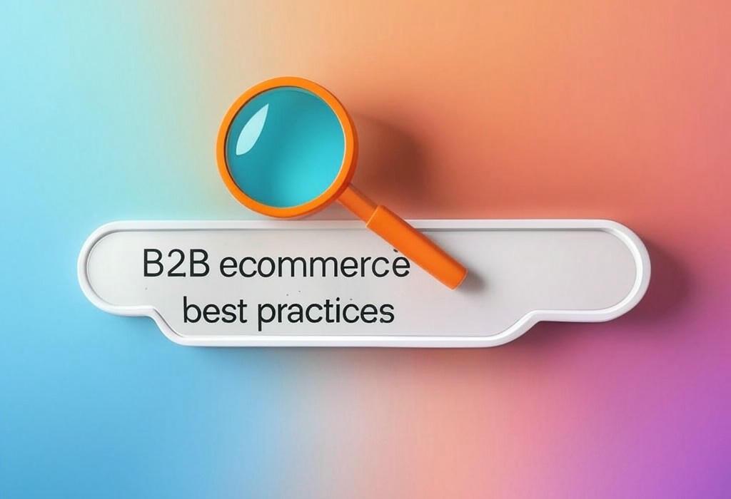 A search bar and a magnifying glass with a vivid gradient background exploring the topic of Discover B2B ecommerce best practices that transform browsers into buyers. Boost your conversion rates with simple strategies the pros won't tell you. Ready to outperform your competition?