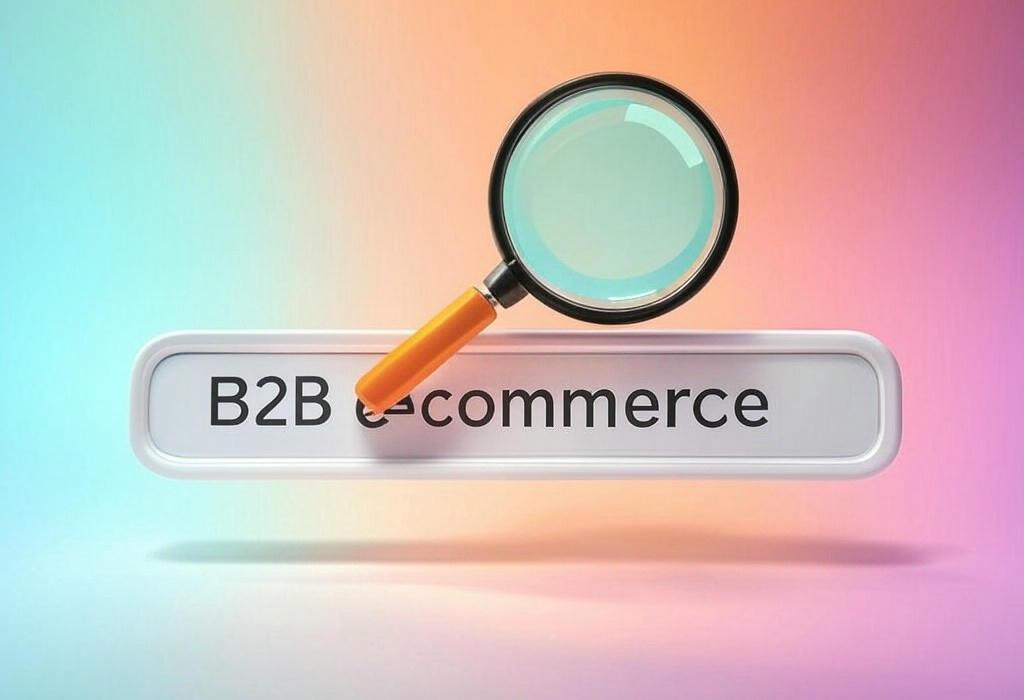 A search bar and a magnifying glass with a vivid gradient background exploring the topic of B2B ecommerce solutions that transform your business operations! Discover how to streamline sales, boost revenue, and create seamless buyer journeys with our expert strategies.