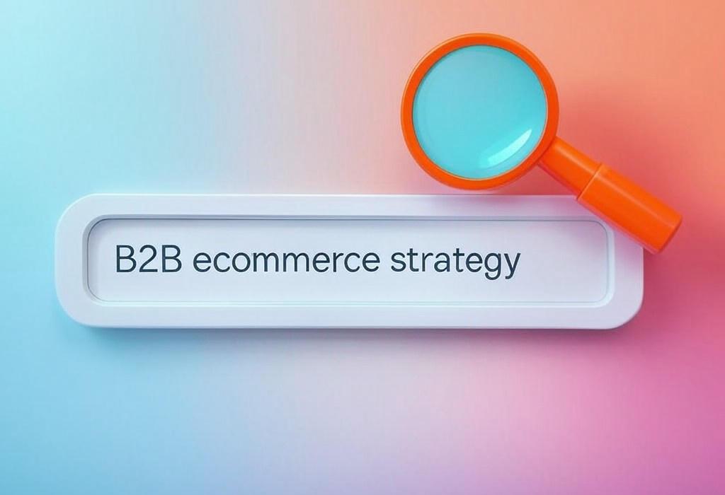 A search bar and a magnifying glass with a vivid gradient background exploring the topic of Unlock your B2B ecommerce strategy to skyrocket sales and crush competition. Discover proven tactics that transform browsers into buyers and boost your bottom line. Get started now!