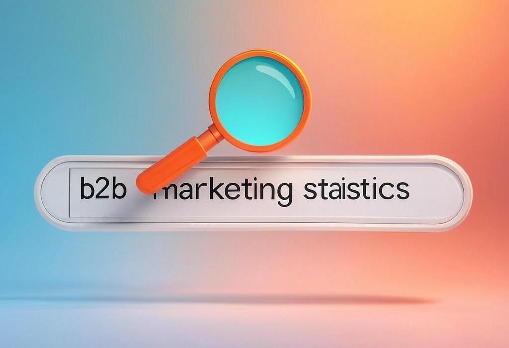 A search bar and a magnifying glass with a vivid gradient background exploring the topic of B2B marketing statistics reveal shocking insights that transform campaigns! Discover game-changing data to outsmart competitors and boost your conversion rates. Click for instant wisdom.