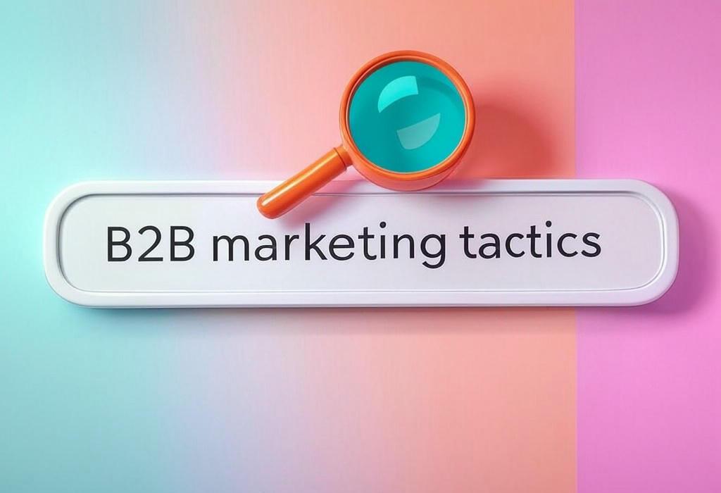 A search bar and a magnifying glass with a vivid gradient background exploring the topic of Discover B2B marketing tactics that actually work! Boost your conversion rates with proven strategies the competition doesn't want you to know. Skip the fluff, get real results now.