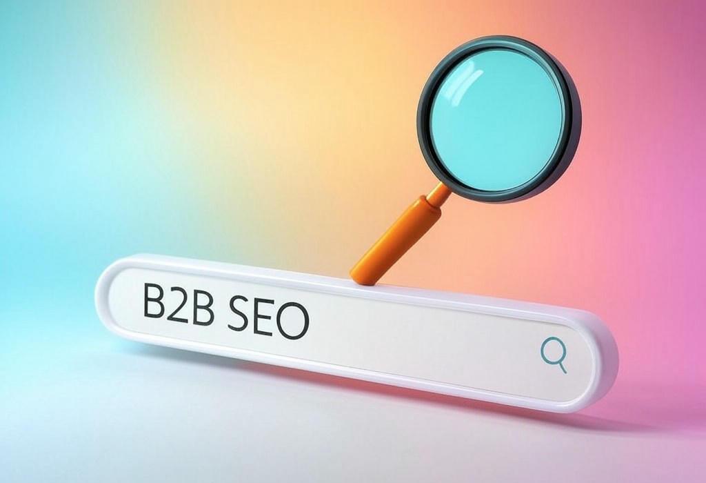 A search bar and a magnifying glass with a vivid gradient background exploring the topic of B2B SEO transforms your business website into a lead-generating machine. Discover proven strategies that boost visibility, attract qualified prospects, and outrank competitors without breaking the bank.