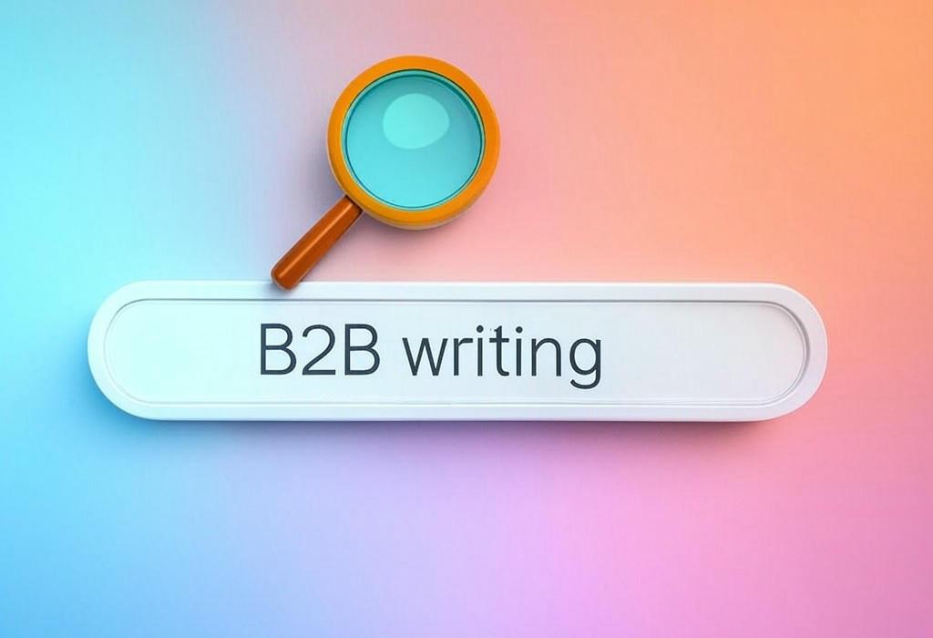A search bar and a magnifying glass with a vivid gradient background exploring the topic of B2B writing secrets revealed! Discover how to craft compelling content that converts decision-makers into customers. Transform your business copy from bland to brilliant today.