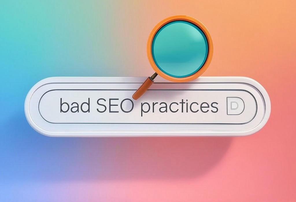 A search bar and a magnifying glass with a vivid gradient background exploring the topic of Bad SEO practices can tank your site faster than a lead balloon. Discover the sneaky mistakes you're likely making and learn how to fix them before Google notices!