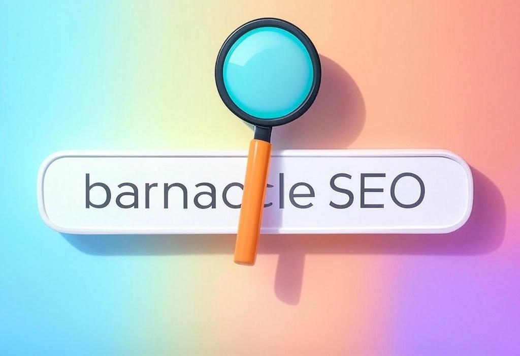 A search bar and a magnifying glass with a vivid gradient background exploring the topic of Barnacle SEO: Attach your brand to bigger sites and ride the wave of their authority! Boost visibility without building backlinks. Learn this clever strategy to climb rankings fast.
