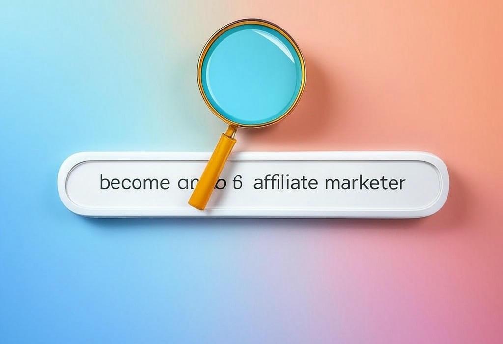 A search bar and a magnifying glass with a vivid gradient background exploring the topic of Become an affiliate marketer and start earning passive income with our proven strategies. Learn the insider secrets to building profitable partnerships without any upfront costs!