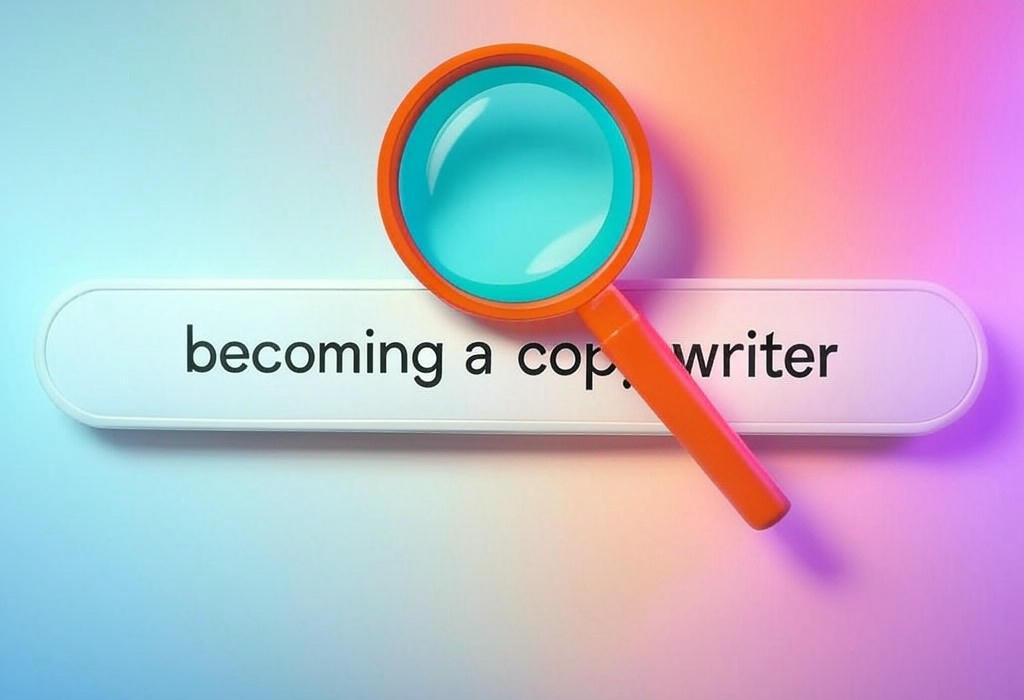 A search bar and a magnifying glass with a vivid gradient background exploring the topic of Becoming a copywriter isn't rocket science! Learn the exact steps, skills, and insider tricks to launch your writing career and start earning money with words. No degree required!