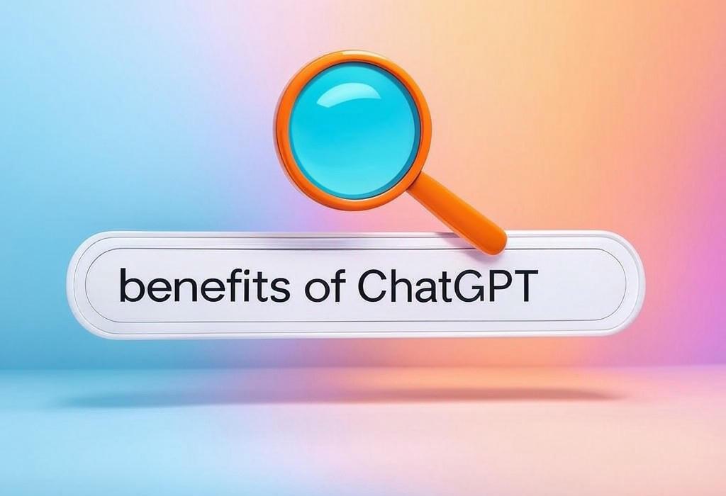 A search bar and a magnifying glass with a vivid gradient background exploring the topic of Discover the benefits of ChatGPT that will transform your workflow, save hours of your time, and supercharge your productivity. Ready to unlock its full potential?