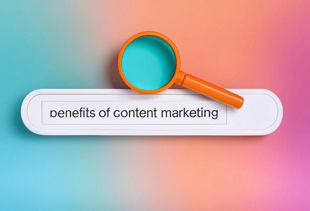 A search bar and a magnifying glass with a vivid gradient background exploring the topic of Benefits of content marketing go beyond sales. Discover how quality content builds trust, boosts visibility, and creates lasting customer relationships while slashing your marketing costs.