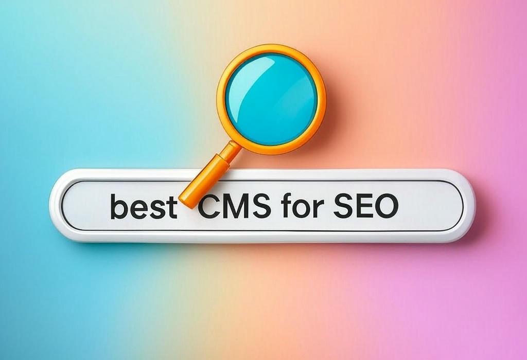 A search bar and a magnifying glass with a vivid gradient background exploring the topic of Discover the best CMS for SEO that will skyrocket your website's rankings! Expert-tested platforms that boost traffic, enhance page performance, and help outrank competitors. Find your perfect match now!