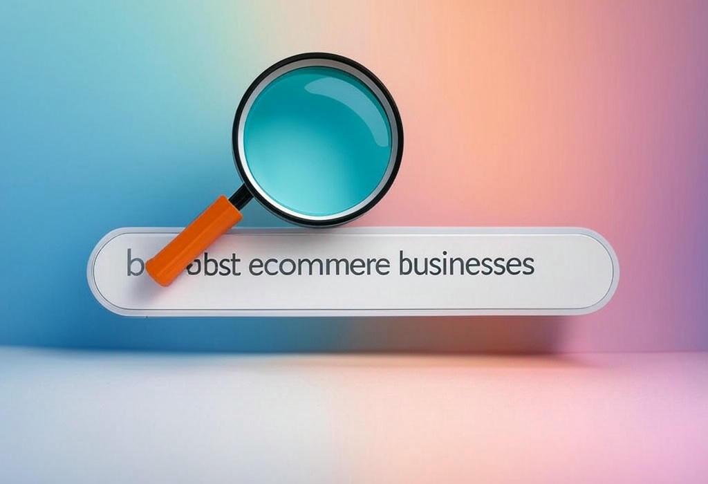 A search bar and a magnifying glass with a vivid gradient background exploring the topic of Discover the best ecommerce businesses that are crushing it online. From innovative startups to industry giants, learn their secrets and get inspired to boost your own digital success story!